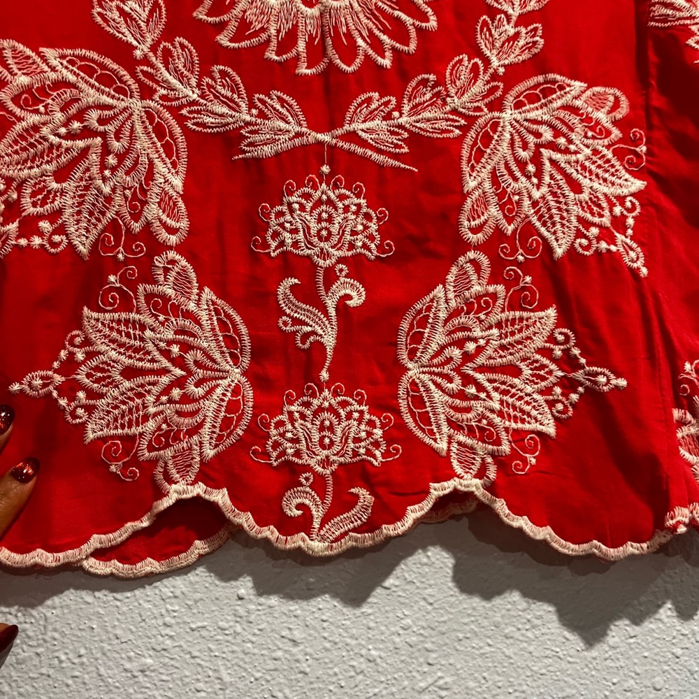 Solitaire Embroidered Bright orange Top Size L Scalloped Boxy Boho. - Picture 9 of 10